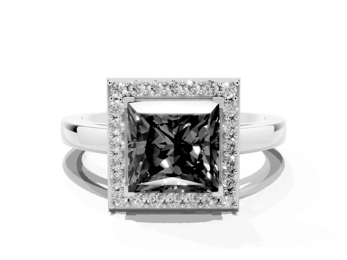 Fancy Black Princess Cut Halo Diamond Ring with Solitaire Band and Prong Setting Silver