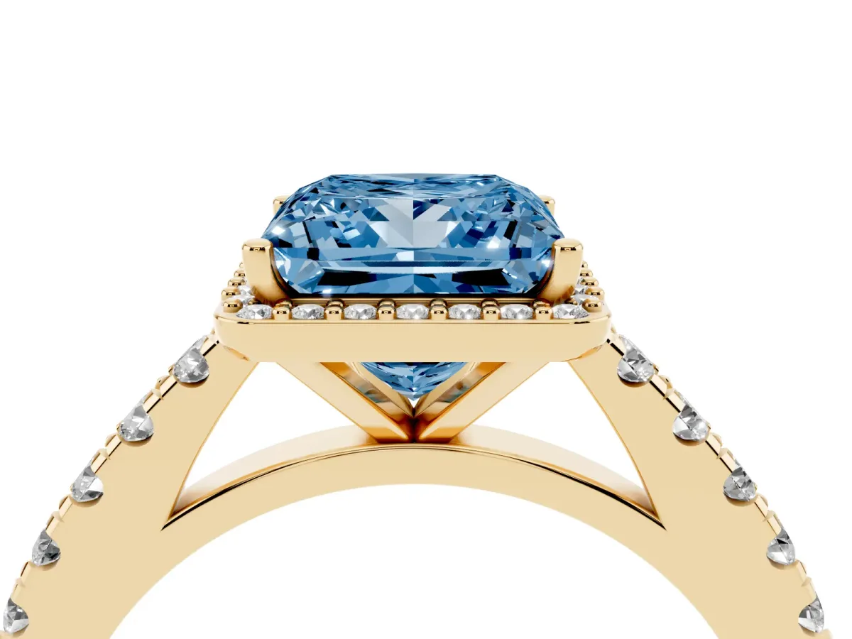 Fancy Blue Princess Cut Cut Halo Diamond Engagement Ring with Pave Band and Four-Prong Setting Yellow gold