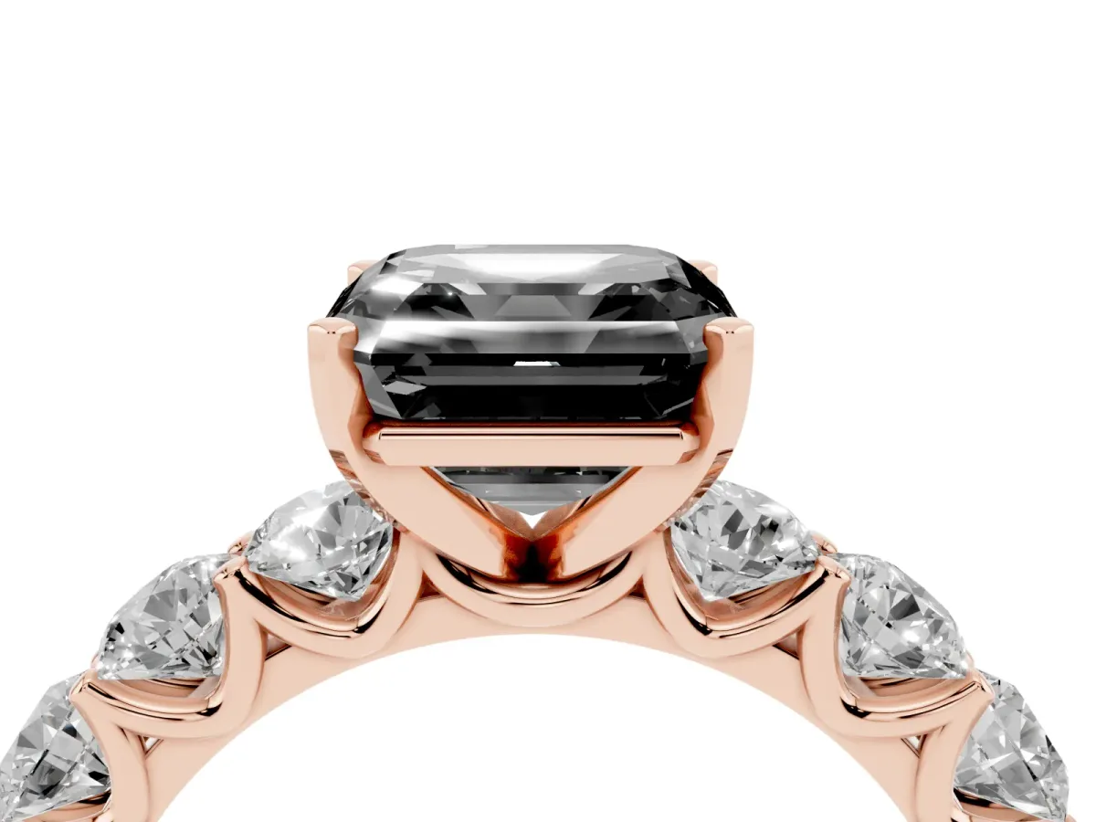 Fancy Black Asscher Cut Diamond Prong Setting with Side Stones on a Pave Band Rose gold