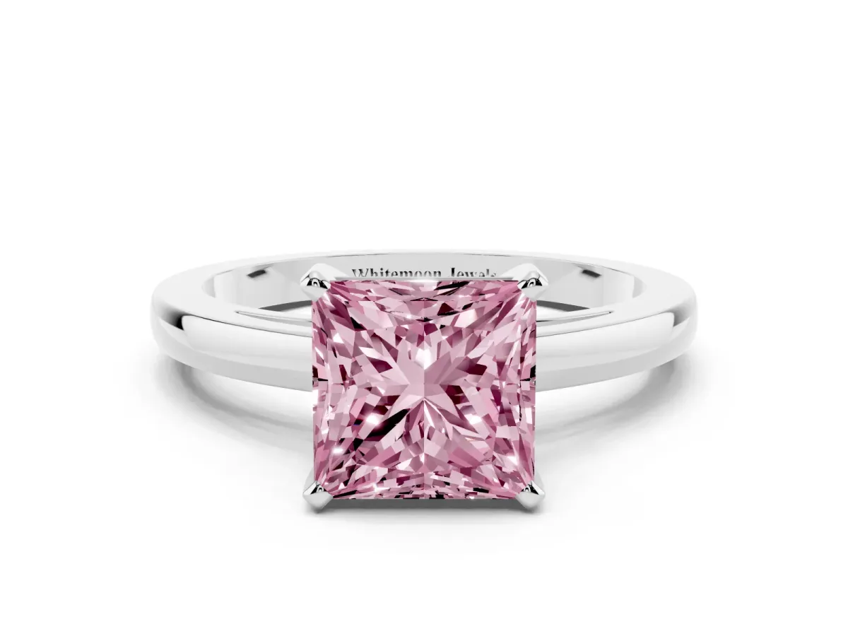 Fancy Pink Princess Cut Solitaire Diamond Engagement Ring with Four-Prong Setting on a Classic Band Silver