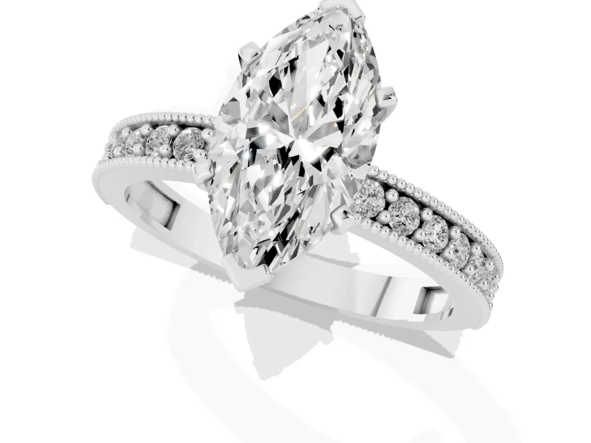 Marquise Cut Diamond Milgrain Pavé Engagement Ring with Four-Prong Setting Silver