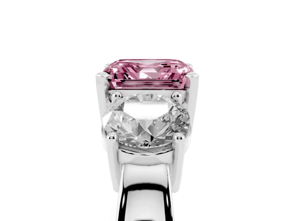 Fancy Pink Three-Stone Asscher Cut Diamond Ring with Round Side Stones, Classic Band, and Four-Prong Setting Silver