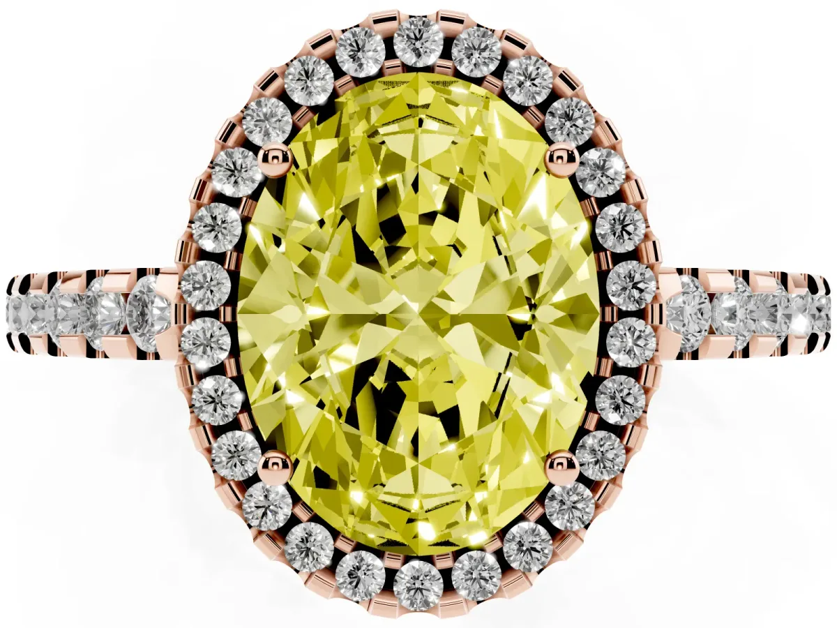 Fancy Yellow Oval Cut Diamond Halo Engagement Ring with Pavé Band and Prong Setting Rose gold