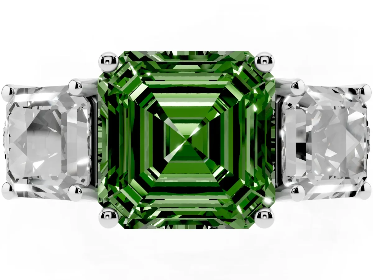 Fancy Green Three-Stone Asscher Cut Diamond Pavé Band with Prong Setting Platinum