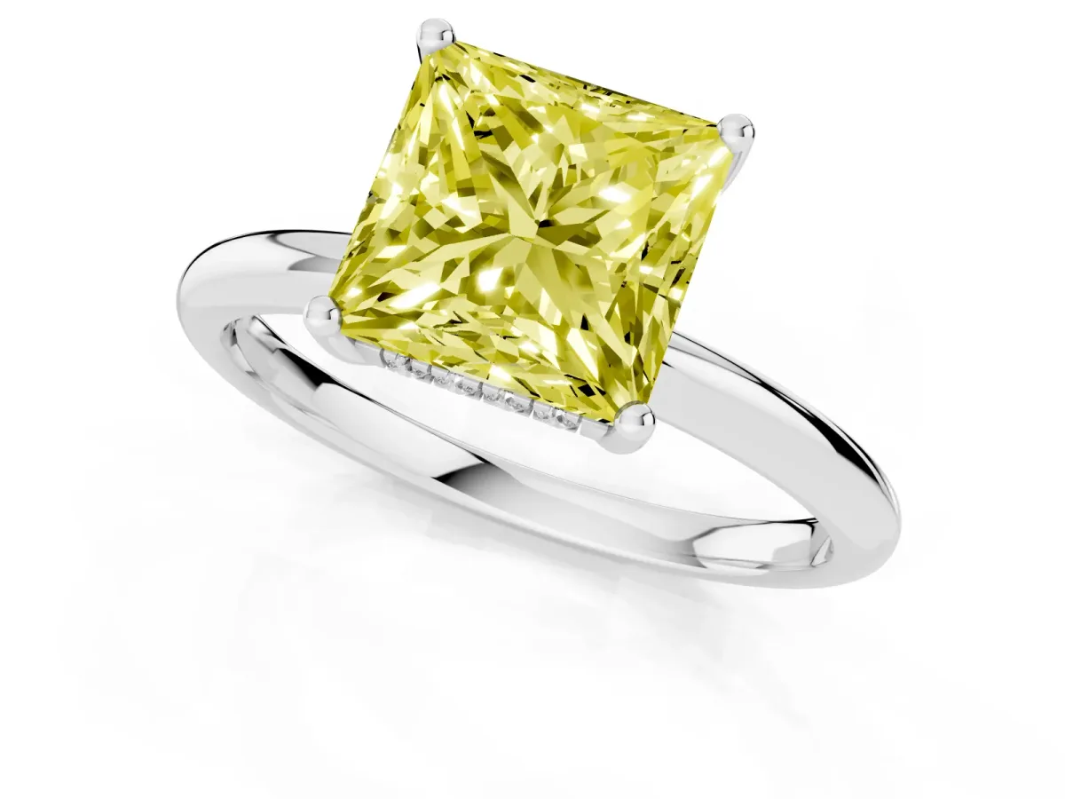 Fancy Yellow Princess Cut Cut Solitaire Engagement Ring with Four-Prong Setting and Classic Band Platinum