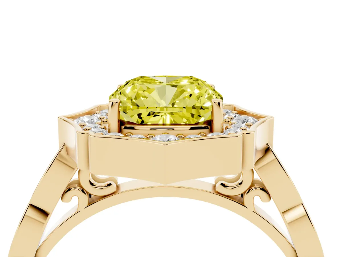 Fancy Yellow Cushion Cut Halo Diamond Engagement Ring with Milgrain Band and Four-Prong Setting Yellow gold