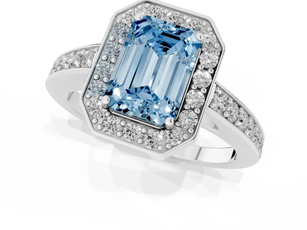 Fancy Blue Emerald Cut Halo Pavé Diamond Engagement Ring with Bezel Setting White gold