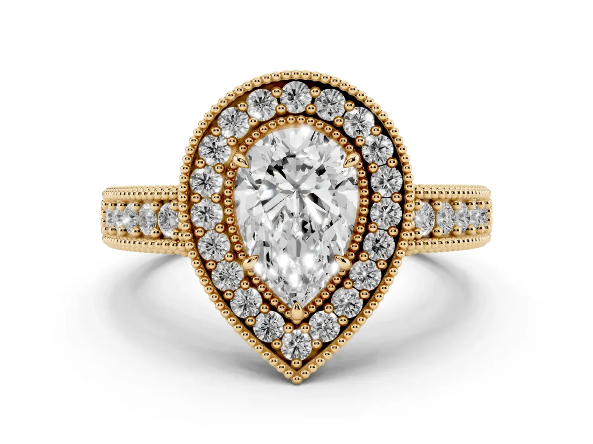 Pear Cut Cut Halo Diamond Ring with Pavé Band and Four-Prong Setting Yellow gold