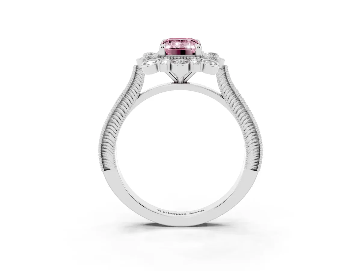 Fancy Pink Emerald Cut Halo Milgrain Pave Diamond Ring with Four-Prong Setting Platinum