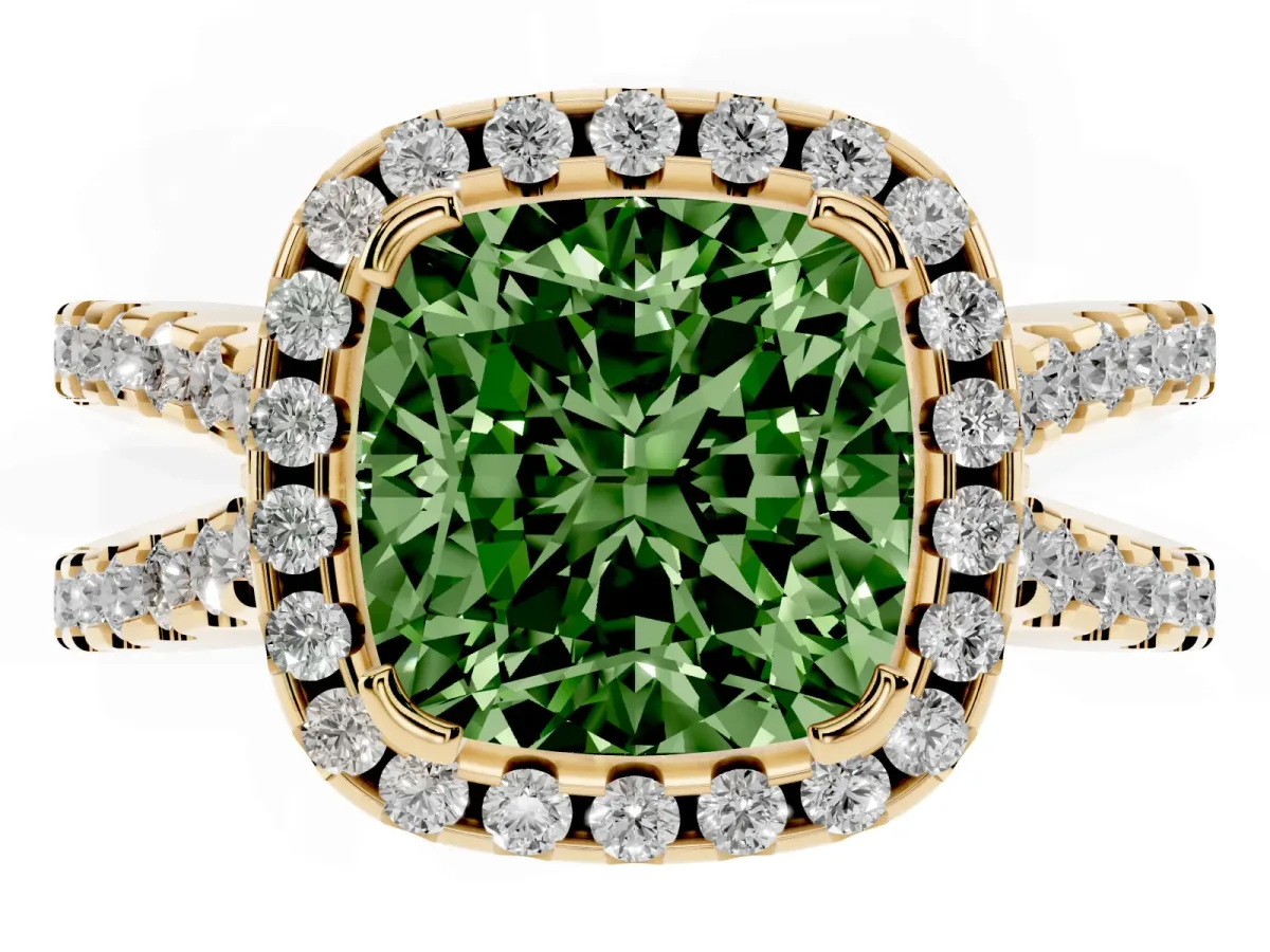 Fancy Green Cushion Cut Diamond Halo Ring with Split Shank Pavé Band and Prong Setting Yellow gold