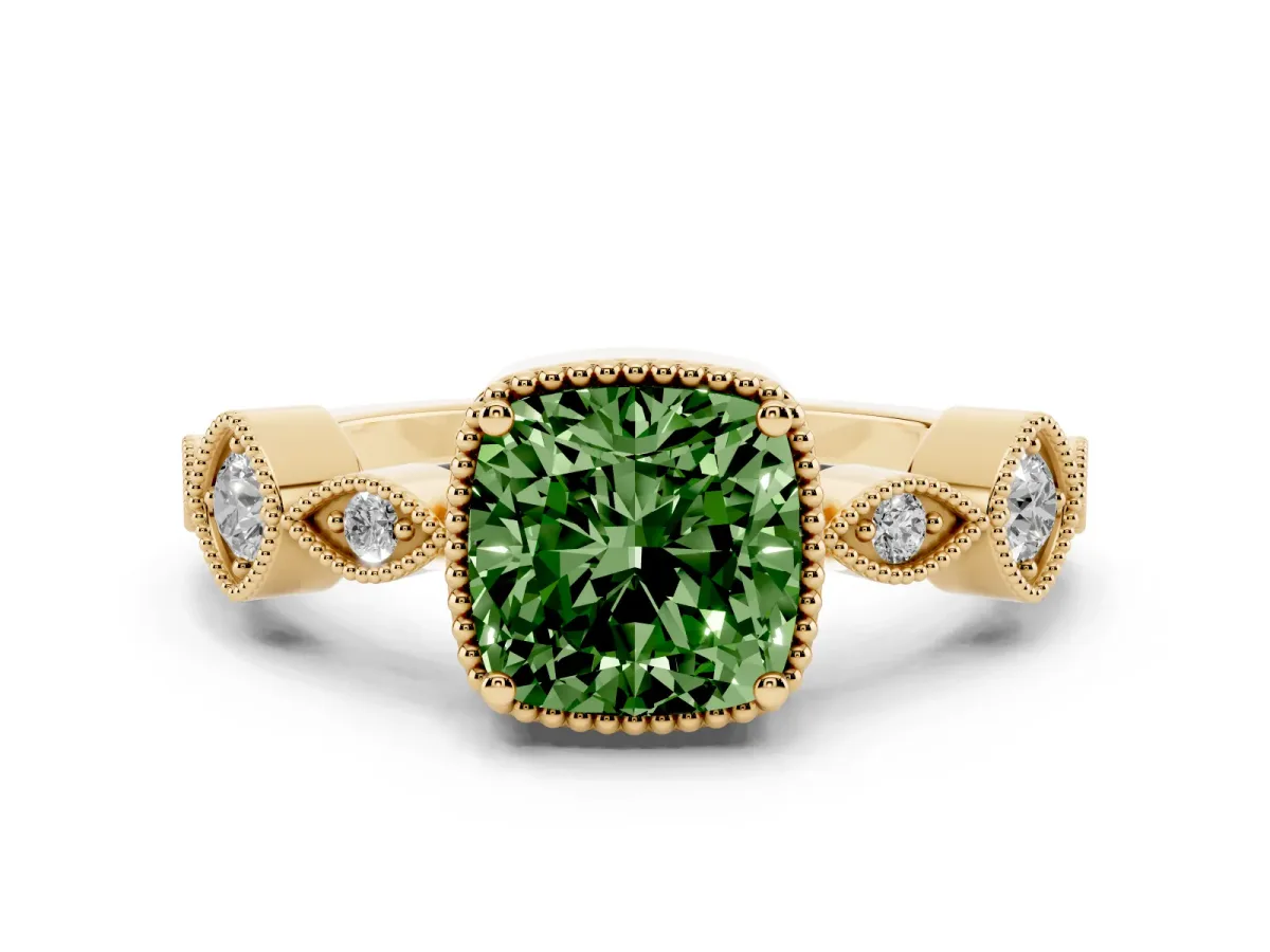 Fancy Green Cushion Cut Diamond Vintage Milgrain Ring with Round Stations Yellow gold