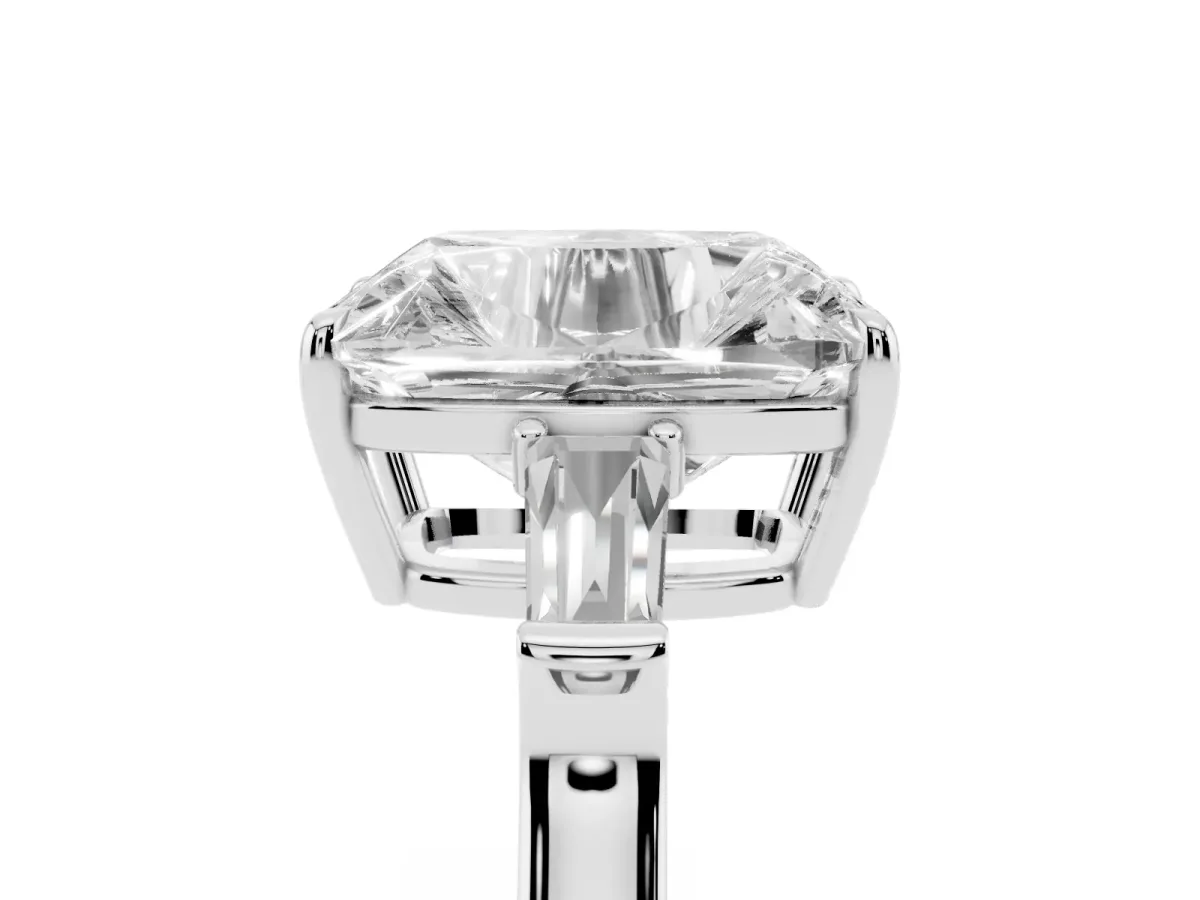 Old Mine Elongated Cushion Diamond with Side Tapered Baguette Three Stone Ring Silver