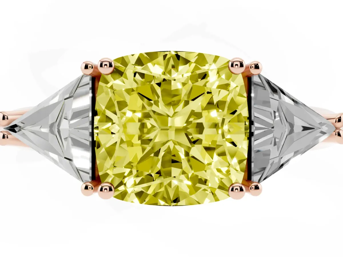 Fancy Yellow Three-Stone Cushion Cut Diamond Engagement Ring with Trillion Side Stones and Prong Setting Rose gold