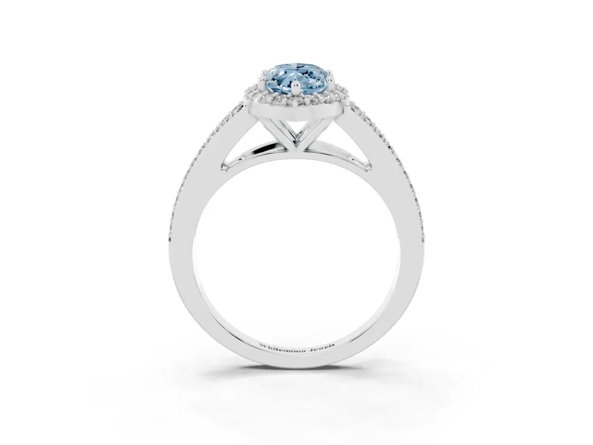 Fancy Blue Marquise Cut Halo Split Shank Pave Diamond Ring with Four-Prong Setting Platinum