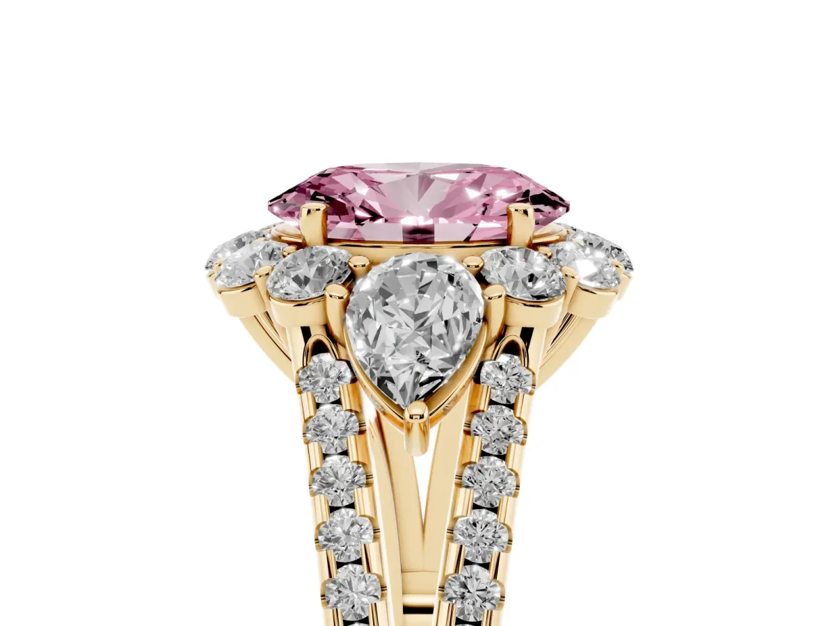 Fancy Pink Oval Cut Halo Split Shank Diamond Engagement Ring with Prong Setting Yellow gold