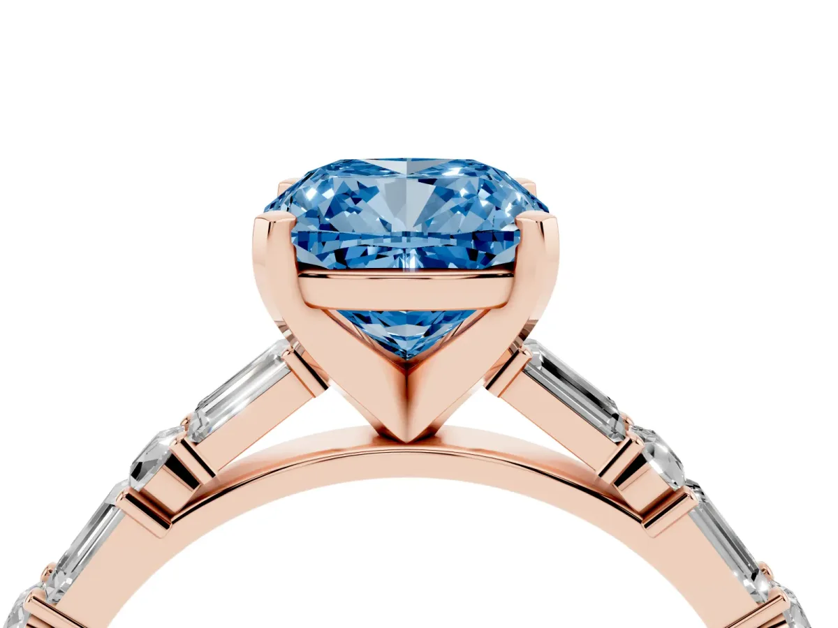 Fancy Blue Cushion Cut Diamond Solitaire with Side Baguettes and Channel Set Band Rose gold