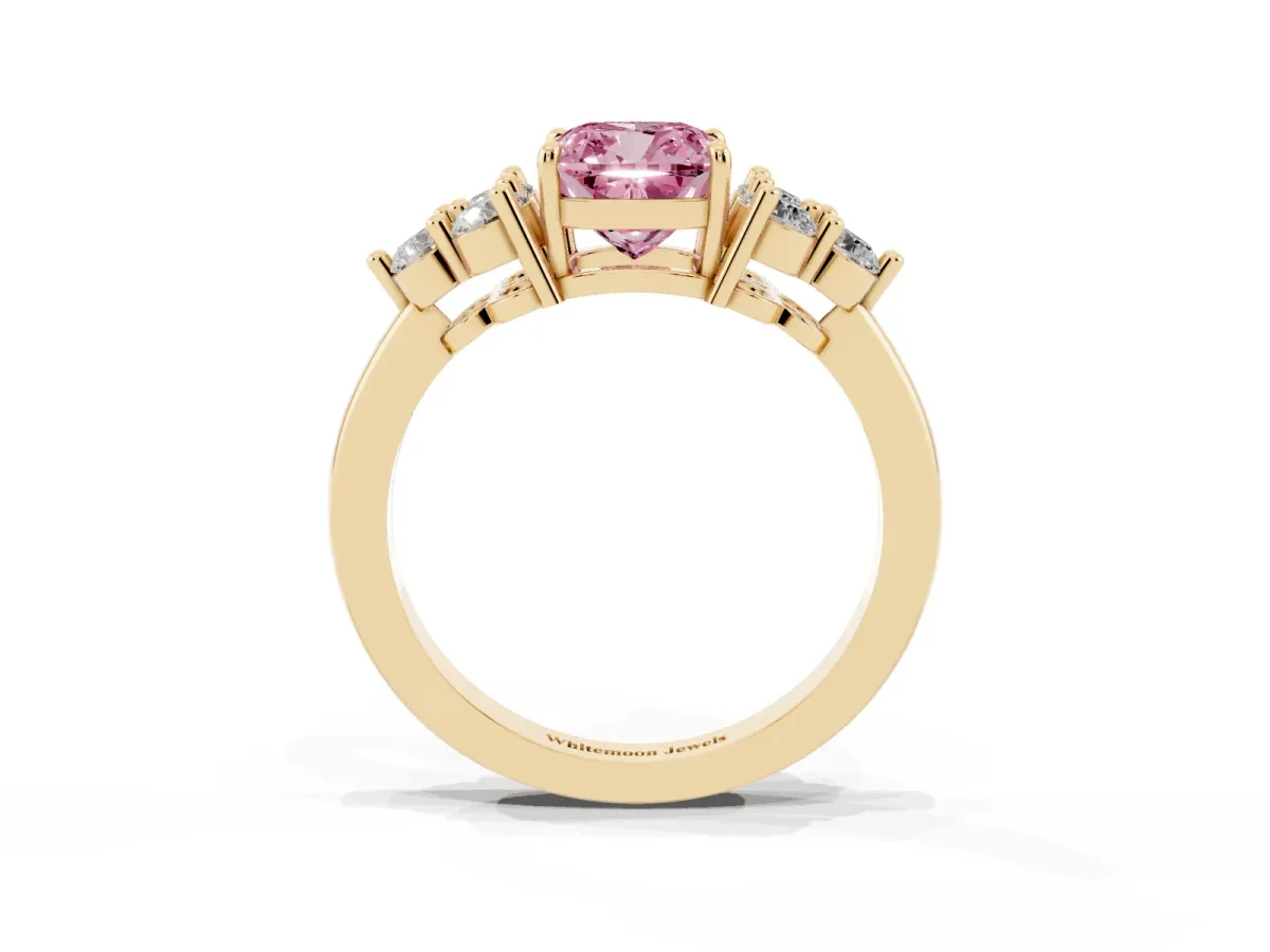 Fancy Pink Cushion Cut Brilliant Diamond Cluster Accent Solitaire Ring with Prong Setting Yellow gold