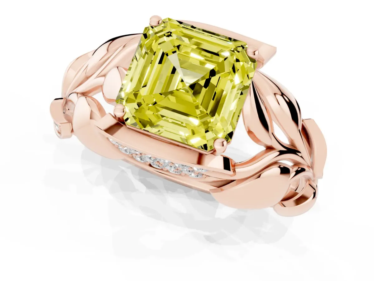 Fancy Yellow Asscher Cut Diamond Leaf-Inspired Engagement Ring with Round Accents and Prong Setting Rose gold