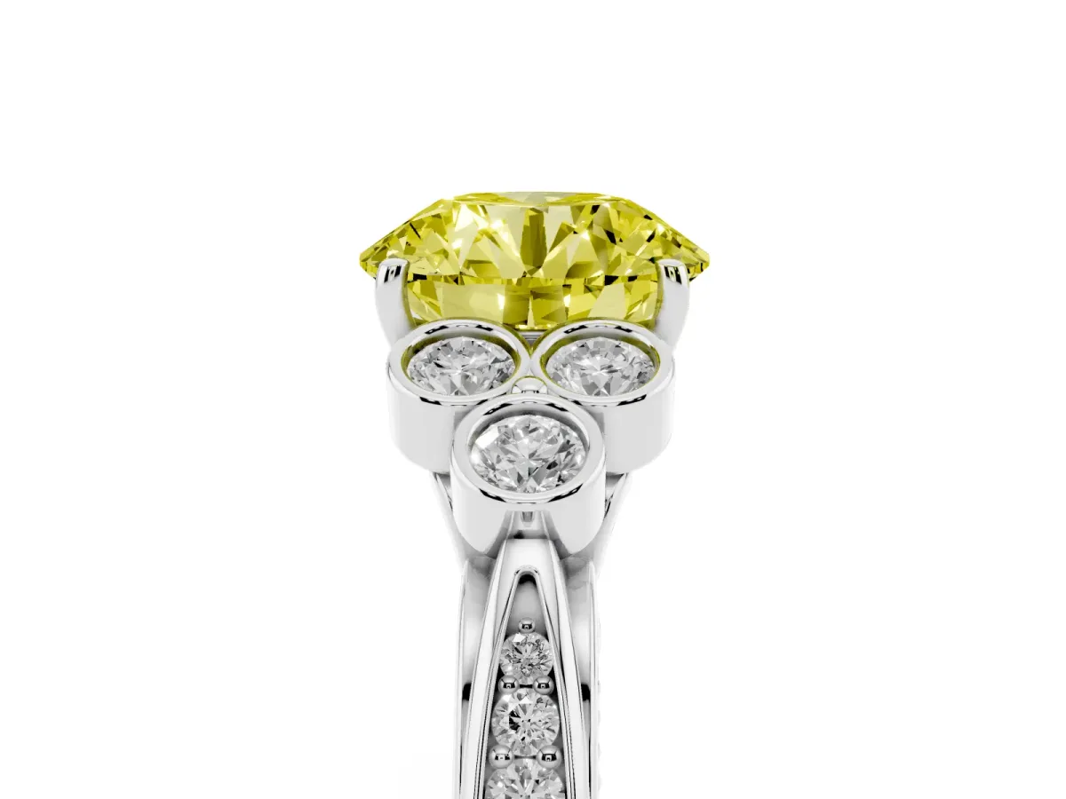 Fancy Yellow Round Cut Cut Diamond Engagement Ring with Bezel Set Round Side Stones and Prong Setting Silver