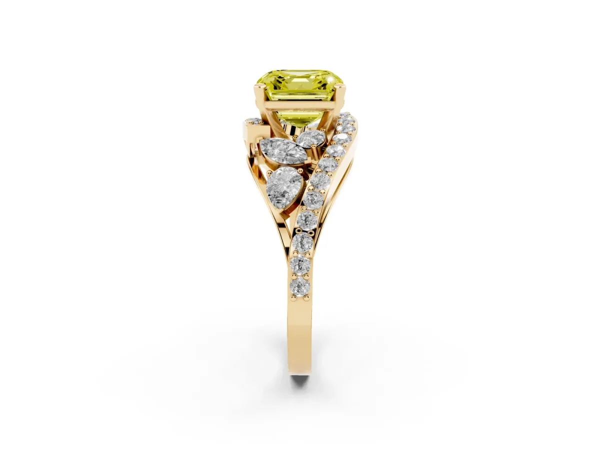 Fancy Yellow Asscher Cut Diamond Halo Ring with Marquise and Pavé Band in Prong Setting Yellow gold