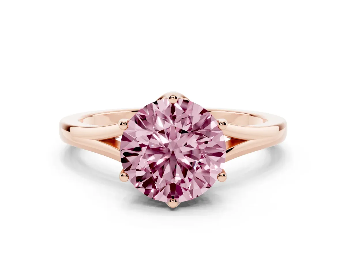 Fancy Pink Round Cut Solitaire Diamond Ring with Six-Prong Setting and Tapered Band Rose gold