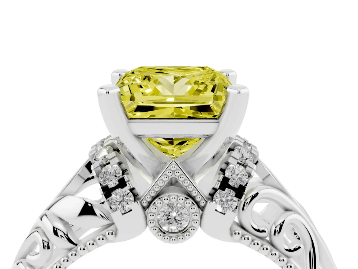 Fancy Yellow Princess Cut Solitaire Filigree Engagement Ring with Halo and Prong Setting White gold