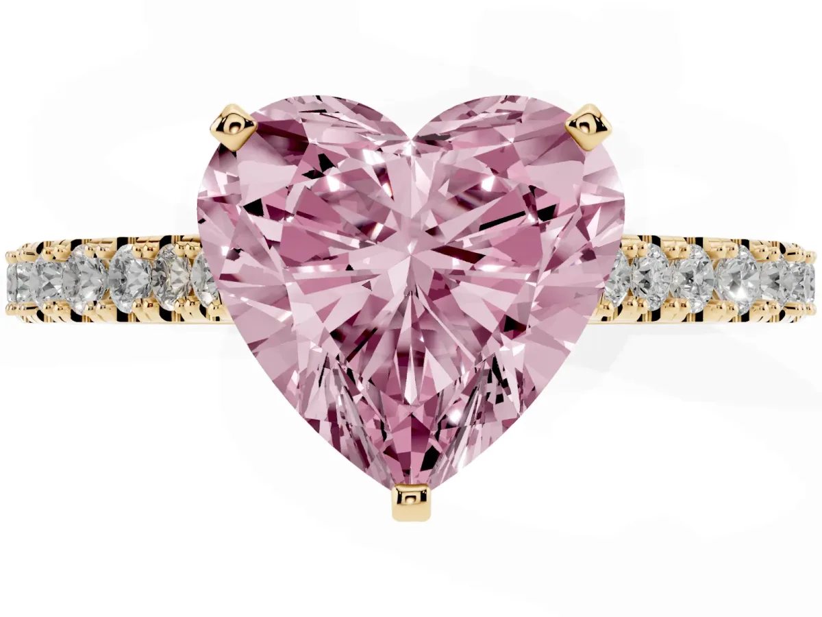 Fancy Pink Heart Cut Cut Solitaire Diamond Engagement Ring with Pave Band and Four-Prong Setting Yellow gold