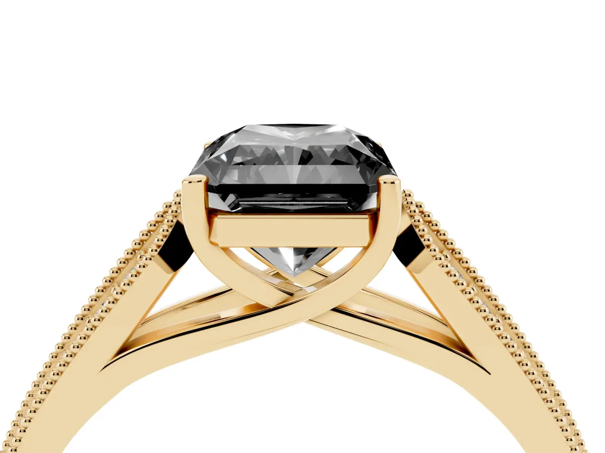 Fancy Black Radiant Cut Cut Pave Split Shank Engagement Ring with Four-Prong Setting Yellow gold