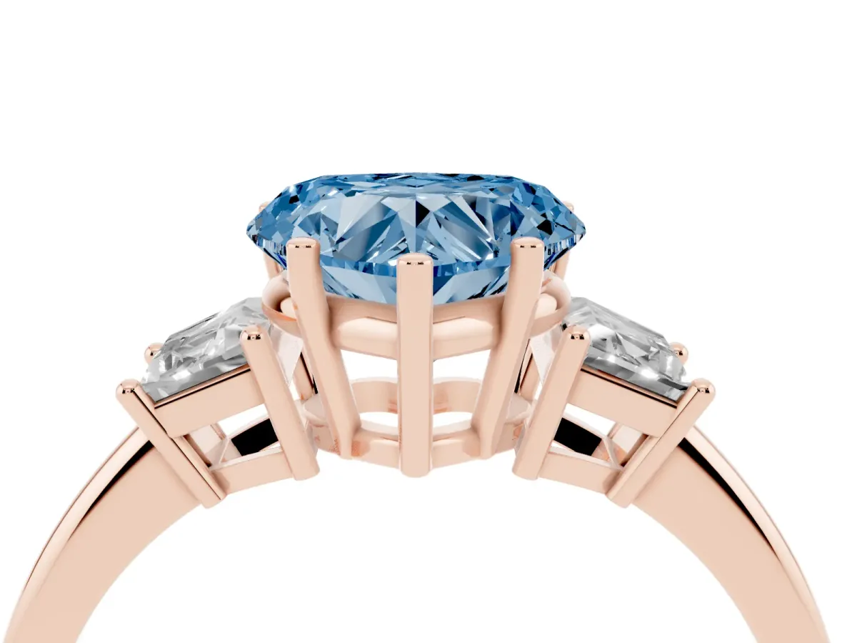 Fancy Blue Heart Cut Diamond Three-Stone Ring with Trapezoid Side Stones and Prong Setting Rose gold
