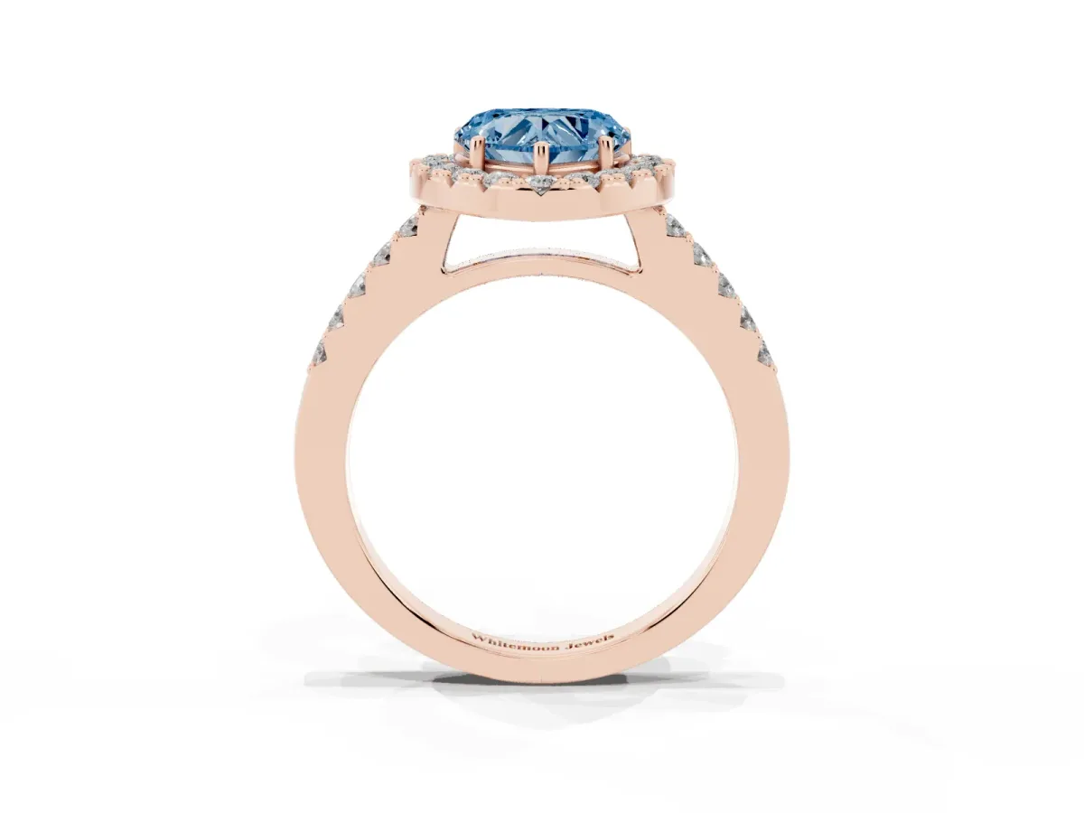 Fancy Blue Heart Cut Halo Diamond Pavé Solitaire Ring Rose gold