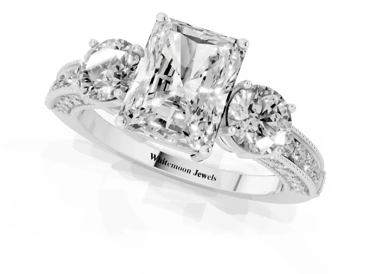 Radiant Cut Three-Stone Diamond Ring with Pavé Band and Four-Prong Setting Platinum