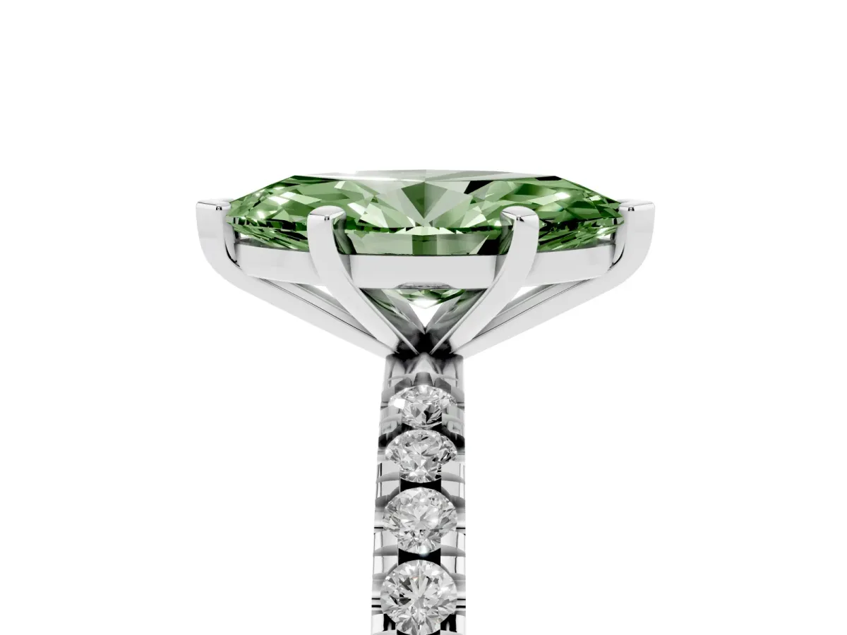 Fancy Green Marquise Cut Diamond Pavé Band Solitaire with Four-Prong Setting Silver
