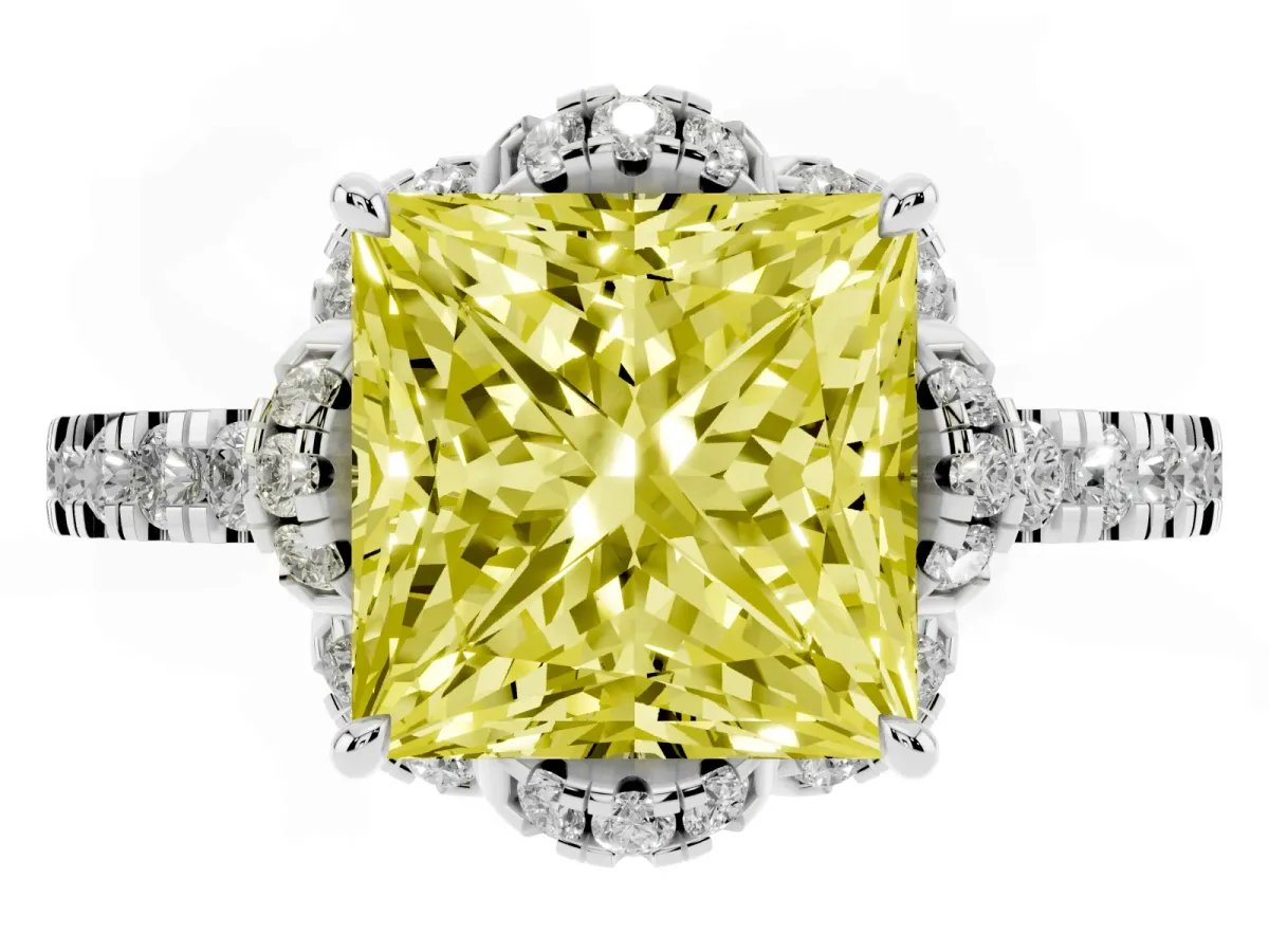 Fancy Yellow Princess Cut Halo Diamond Pave Band Ring with Four-Prong Setting Platinum