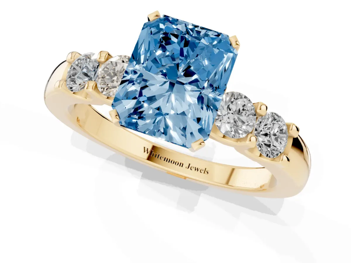 Fancy Blue Radiant Cut Brilliant Cut Diamond Five-Stone Prong Set Engagement Ring with Channel Band Yellow gold