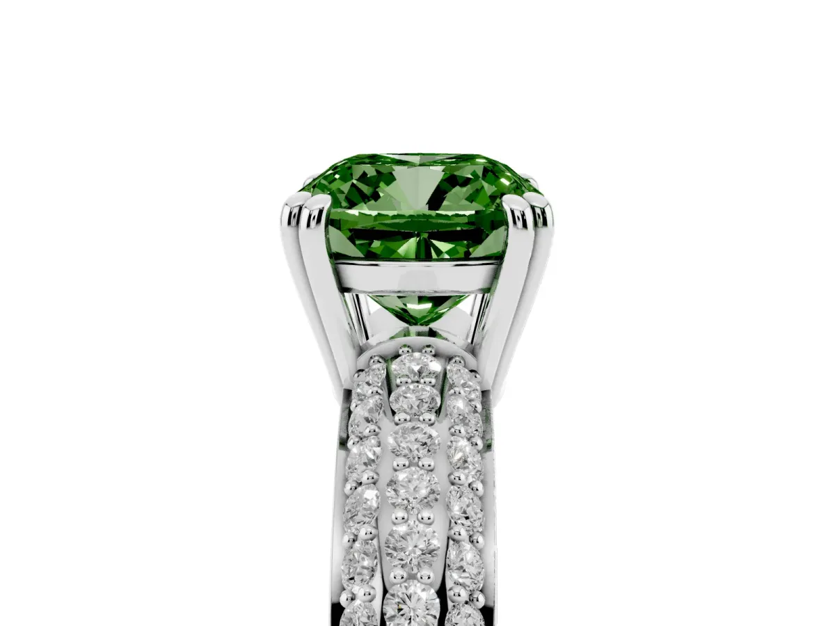 Fancy Green Cushion Cut Diamond Solitaire Ring with Multi-Row Round Pavé Band and Prong Setting Silver