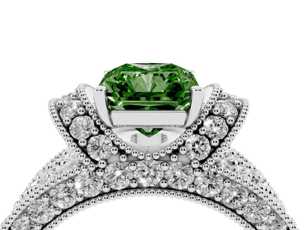 Fancy Green Radiant Cut Halo Pave Diamond Engagement Ring with Milgrain Detailing White gold
