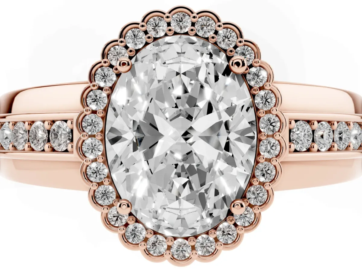 Oval Cut Cut Halo Pave Band Four-Prong Ring Rose gold