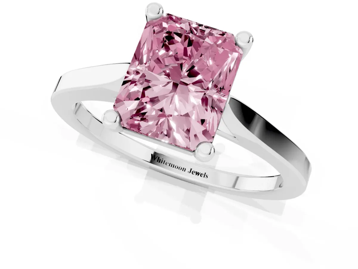 Fancy Pink Radiant Cut Solitaire Diamond Ring with Four-Prong Setting and Tapered Band White gold