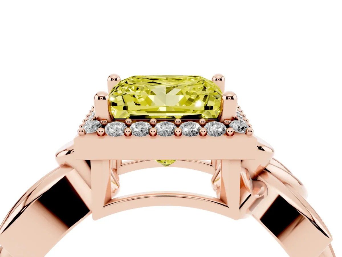 Fancy Yellow Princess Cut Halo Diamond Floral Band with Four-Prong Setting Rose gold