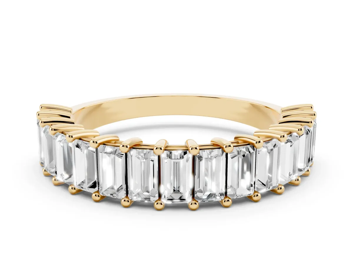 Baguette Cut Half Eternity Band with Shared Prong Setting Yellow gold