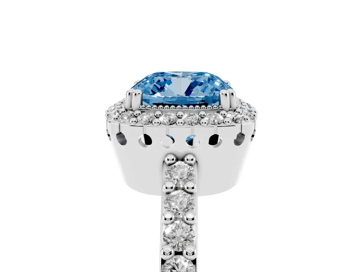 Fancy Blue Cushion Cut Cut Diamond Halo Engagement Ring with Milgrain Detail and Pavé Band Silver