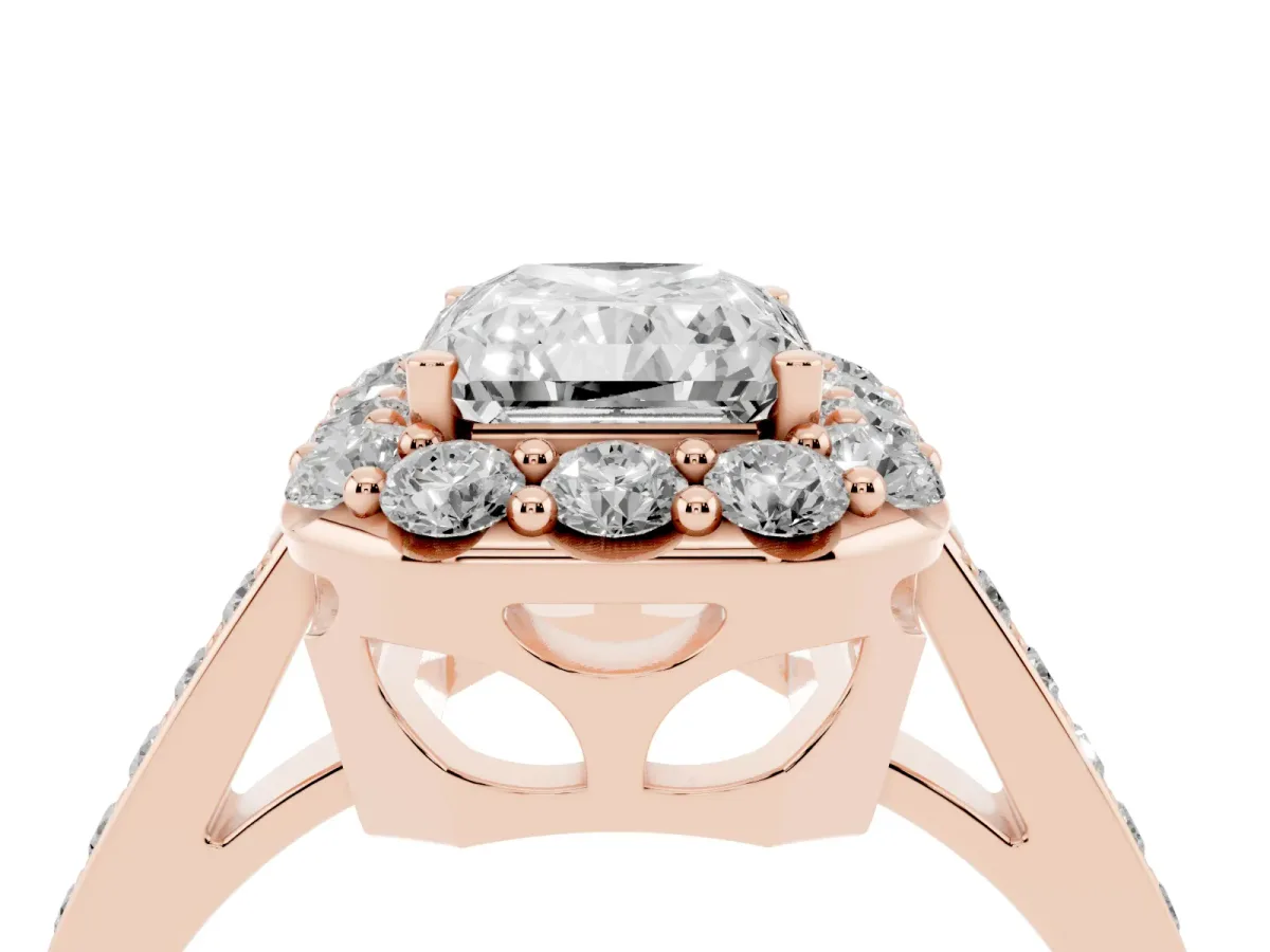 Radiant Cut Diamond Floral Halo Ring with Pavé Band and Prong Setting Rose gold