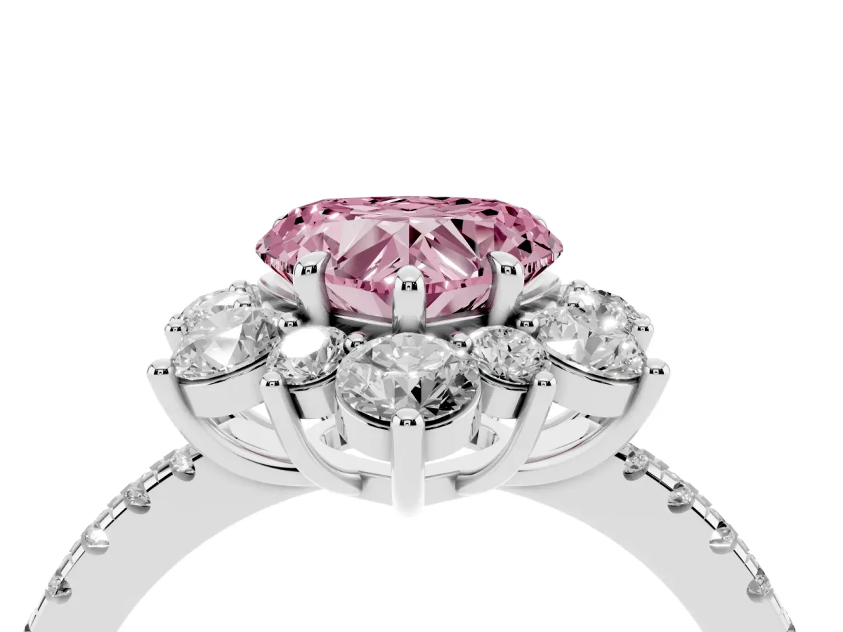 Fancy Pink Heart Cut Diamond Floral Halo Ring with Round Pavé Band and Prong Setting Platinum