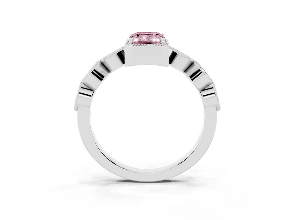 Fancy Pink Emerald Cut Diamond Vintage Milgrain Ring with Round Stations Silver