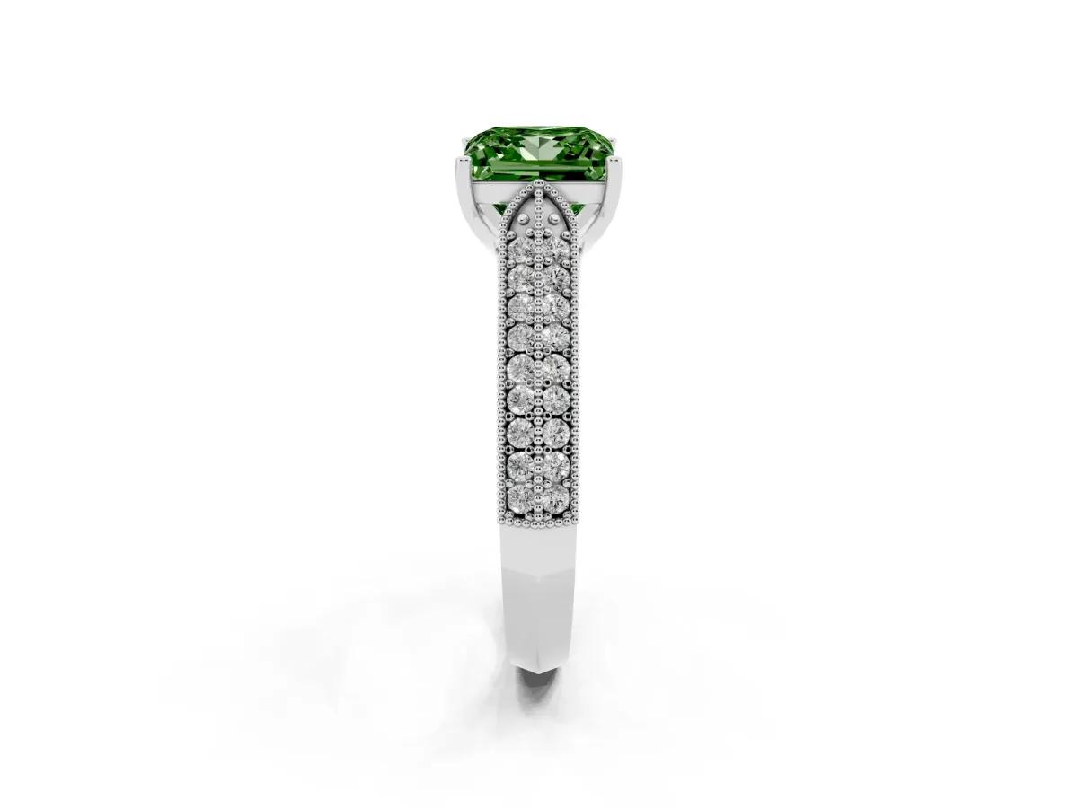 Fancy Green Princess Cut Cut Pave Split Shank Engagement Ring with Four-Prong Setting Silver