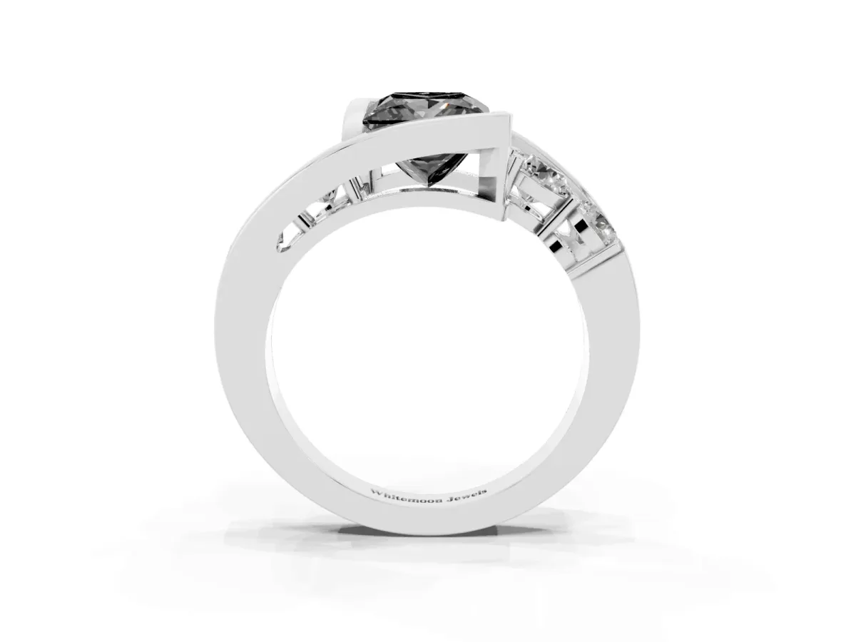 Fancy Black Bezel Set Princess Cut Diamond Bypass Ring with Round Accents Silver