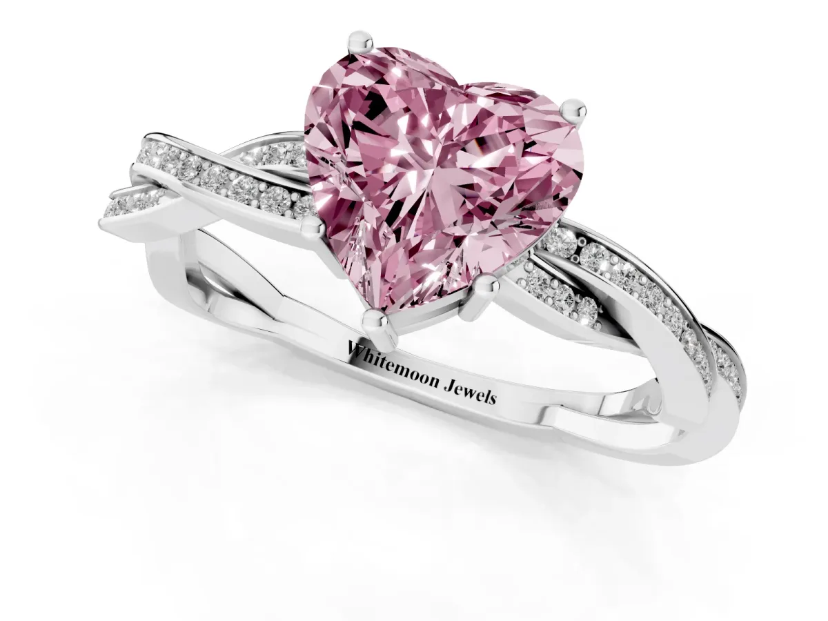Fancy Pink Heart Cut Solitaire Twisted Pave Diamond Ring with Four-Prong Setting Silver