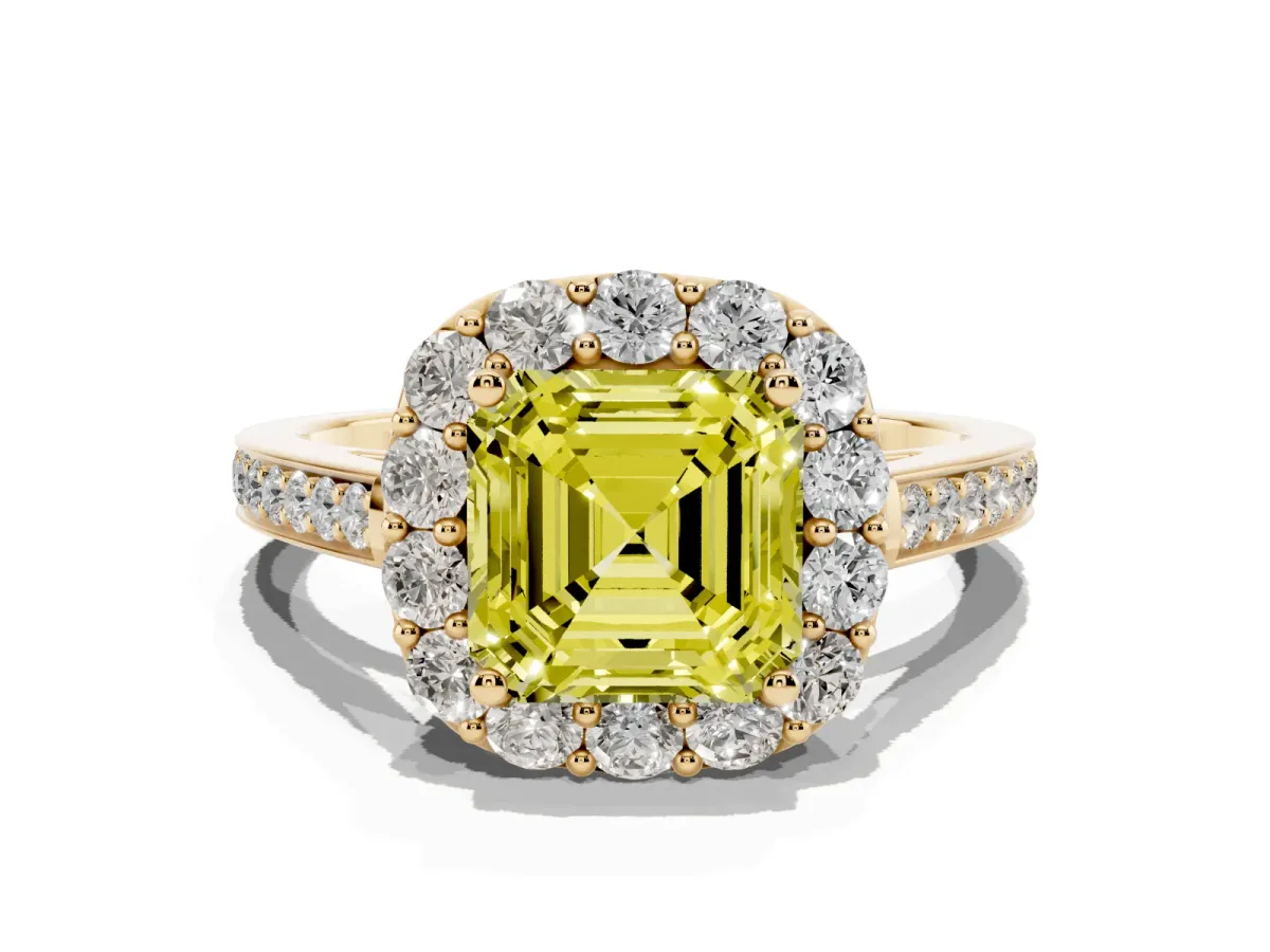 Fancy Yellow Asscher Cut Diamond Floral Halo Ring with Pavé Band and Prong Setting Yellow gold