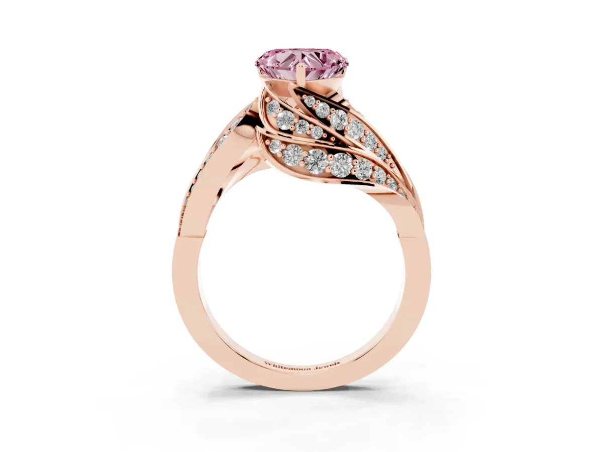 Fancy Pink Heart Cut Diamond Solitaire Ring with Prong Setting and Twisted Pavé Band Rose gold