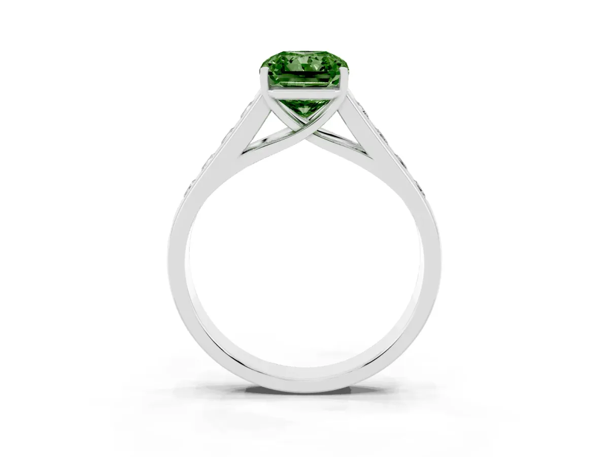 Fancy Green Radiant Cut Brilliant Channel-Set Solitaire Ring with Four-Prong Setting Silver